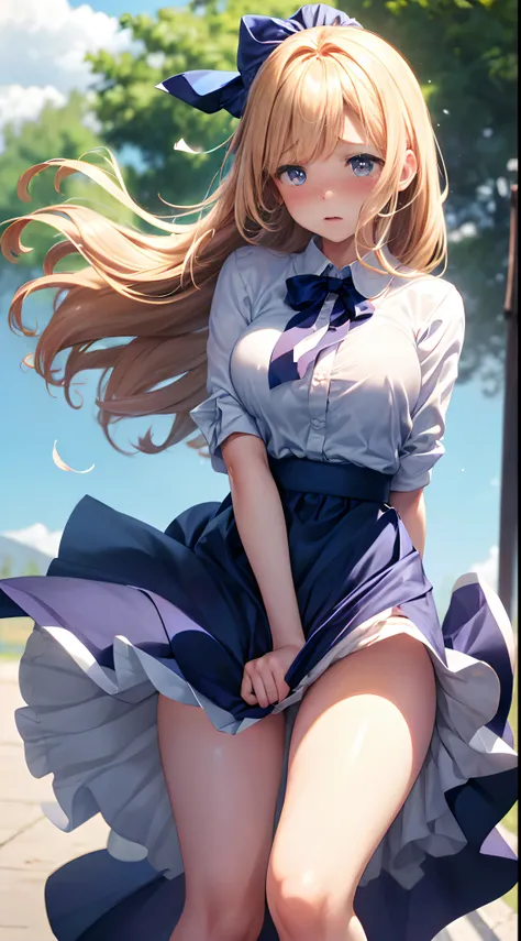 1womanl,Golden head hair,Blue ribbon ,((Surprised look)),Beautiful breasts,White shirt,Blue dress,well-styled,,(Facing the front)(((Blushing cheeks、embarassed expression)),(((The skirt is rolled up by the wind)))