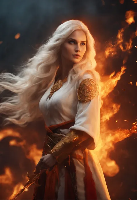 An outstanding beautiful white girl blowing, firelight, flame surrounding, fire magic messenger, dota 2 fire girl style, ghost knife style, fire-like hair, long white hair, watery blue yellow eyes, thin waist, wide hips, fire mage robes, magic colors, Worl...