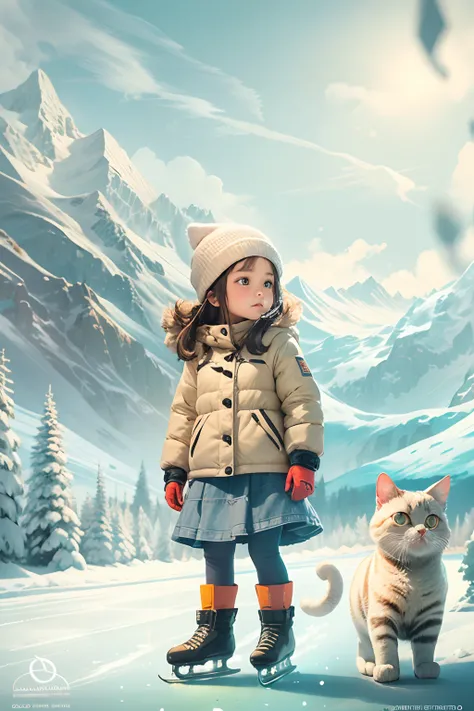 10-year-old girl, and a round-eyed cute cat,In ice skating, snow mountains.