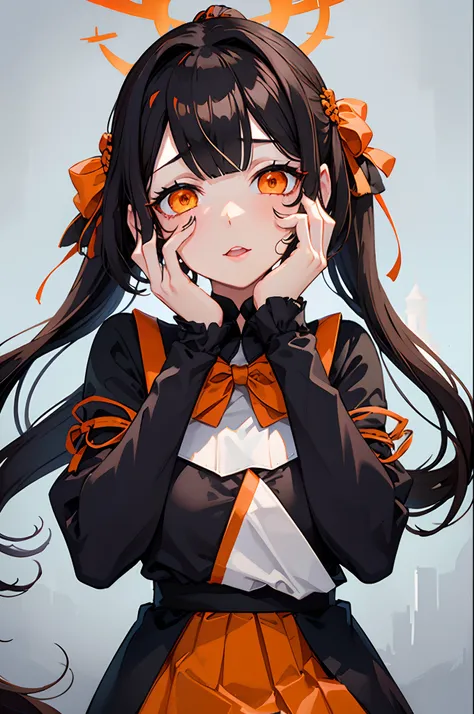 yandere trance,yandere,hands on own face,hands on own cheeks,(masterpiece:1.5) (bestquality) highlydetailed ultra-detailed cute (1girl) (princess hair:1.2) (bangs) (black long hair:0.8) (high ponytail) (long ponytail braid:0.8) (long straight hair:0.8) (or...