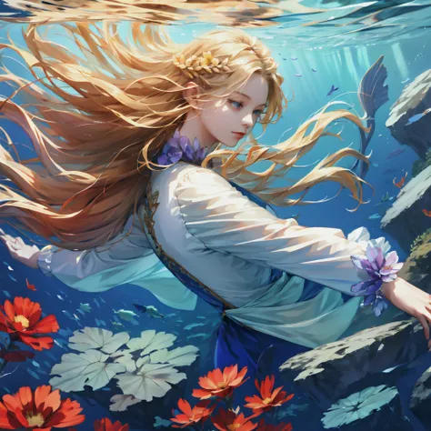 (absurdres, highres, ultra detailed), 1girl, solo, mature, (long blonde hair), fanasy, long sleeve, elegant, holy, colorful, highest detailed, underwater, floating hair, flower, looking back, upper body