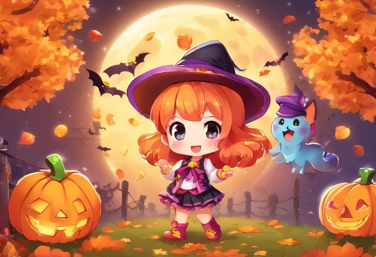 (cute halloween atmosphere:1.5), Fancy pumpkins, Sparkling jewelry, Friendly Ghosts, Sweet treats and colorful candies, Playful Laughter, Children in adorable costumes, moon light, Enchanting Night, Magic in the air, scenery, drenched in delicate autumn sh...