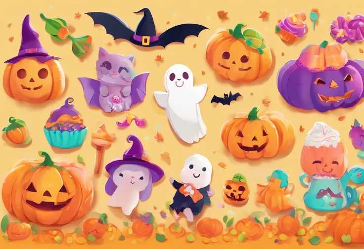 (cute halloween atmosphere:1.5), Fancy pumpkins, Sparkling jewelry, Friendly Ghosts, Sweet treats and colorful candies, Playful Laughter, Children in adorable costumes, moon light, Enchanting Night, Magic in the air, scenery, drenched in delicate autumn sh...