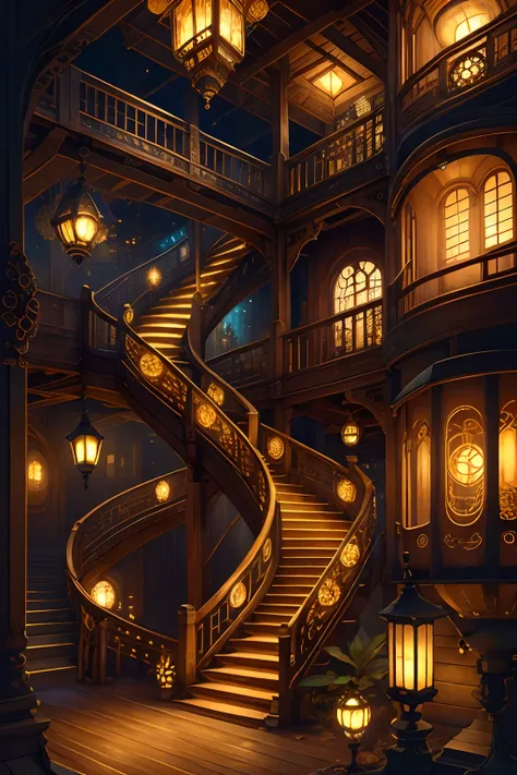 steampunkai。Beautiful。 (Masterpiece:1.2)。(Best Quality:1.2)。Wooden Labyrinth。Large space。Numerous stairs。aisle。railing。Lantern lighting。unmanned。