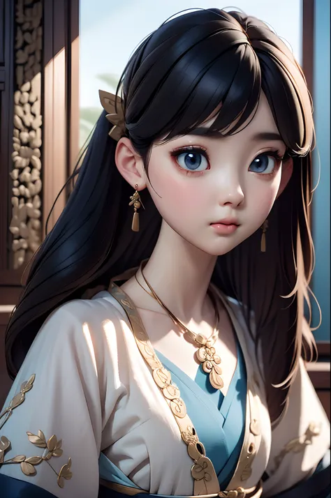 close-up of a woman wearing a light blue slip dress necklace, chinese style, chinese girl, beautiful character painting, guviz-s...