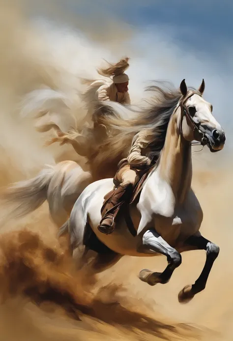 horse rider ,Horde of horses,Five Horses,Another white, ,Clear blue sky,Ren Hao,unreal enginee 5, Kinematic, low angle photo, motion-blur, depth of fields, Perfect color correction. ultra-detailliert, Beautiful, Incredibly detailed, intricate detailes, edi...