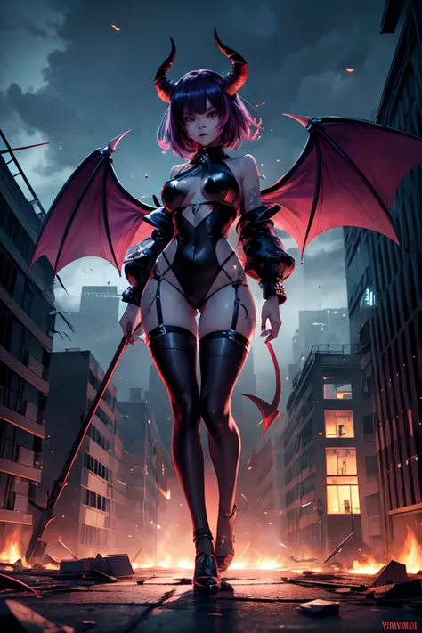 Rihanna hyper-giant, Hyper-powerful demon with two demon horns on his head and demon wings, Purple lightning fire on a building and shatters buildings , ville en ruine post apocalyptique,