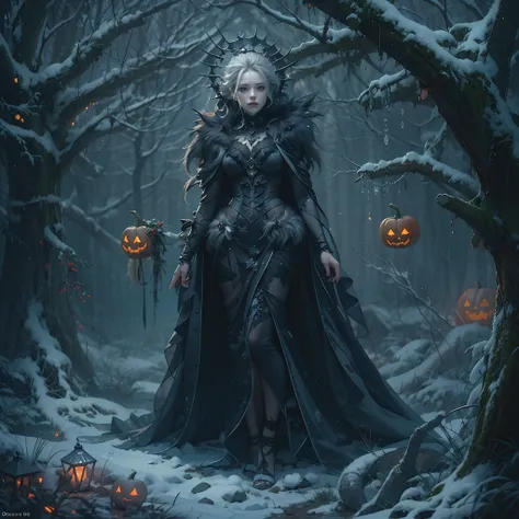 Best quality, masterpiece, meticulous detail, intricate detail, realistic, full body, a mystical winter lady in halloween, horror, dark fantasy, cinematic