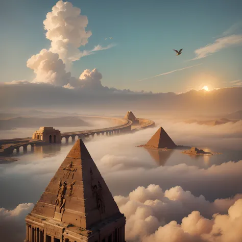 Ancient Egyptian civilization, Egyptian architecture, morning, river, bridge, birds eye view, pyramids, pharaohs, decorations, yellow, falcon in the sky, fog --auto --s2