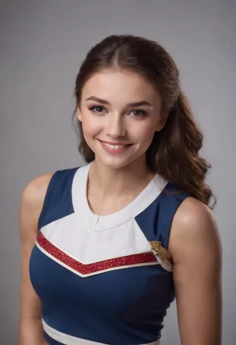 Beautiful high school cheerleader poses in studio, adorable smile