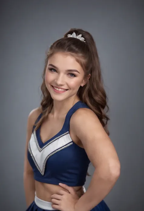 Beautiful high school cheerleader poses in studio, adorable smile