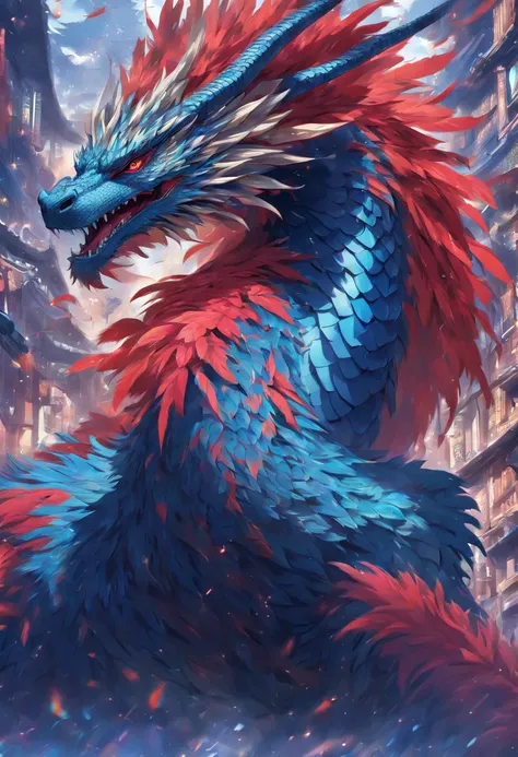 red and blue feathers, long neck bulky body dragon