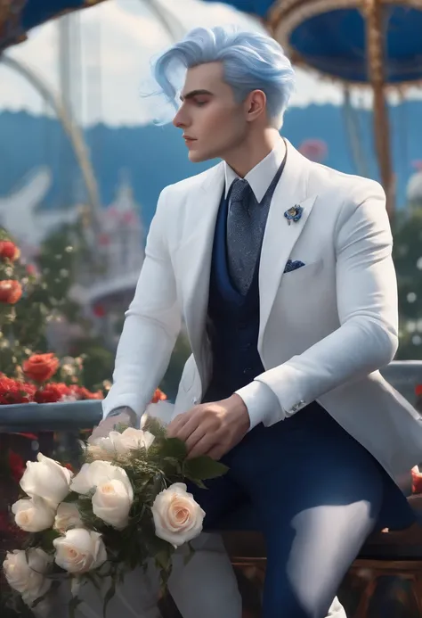 best quality,masterpiece,highres,realistic,(depth of field|amusement park), 1male,upper body,(bouquet|blue rose),(white hair|blue hair), white suit, short hair, hair slicked back, melowh, :>, handsome,