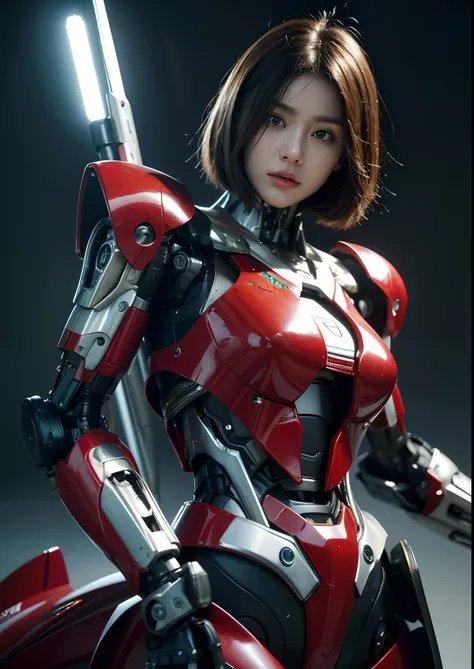 Textured skin, Super Detail, high details, High quality, Best Quality, hight resolution, 1080p, hard disk, Beautiful,(cyborgs),beautiful cyborg woman,Mecha Cyborg Girl,Battle Mode,Girl with a Mecha Body,She wears a battle cyborg mech with a weapon,Fulll bo...