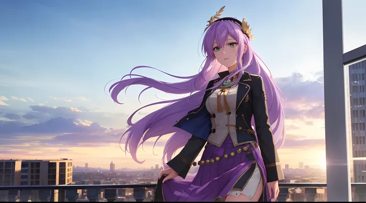 Athena with plain long light purple hair,hair between eyes,green eyes,rosy cheeks,full lips,thin eyebrows,slender body,wearing coat and full long skirt,praying beads on neck,cute anime girl,full body,city balcony in background,anime style,Lumen Reflections...