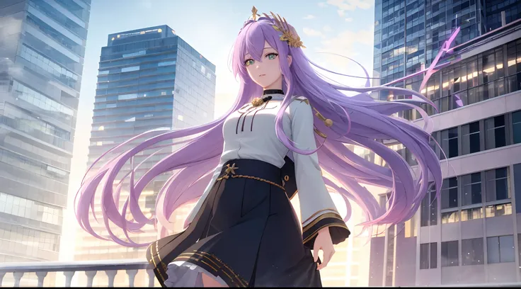 Athena with plain long light purple hair,hair between eyes,green eyes,rosy cheeks,full lips,thin eyebrows,slender body,wearing coat and full long skirt,praying beads on neck,cute anime girl,full body,city balcony in background,anime style,Lumen Reflections...