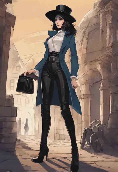 Full body British woman, Blue eyes, Black hair, Wear a classic black round hat, White shirt, Dark long jacket, Belt with silver buckle, Dark leather pants, black boots, She brings a leather bag in her left hand, She is a serious woman with big ambitions, S...