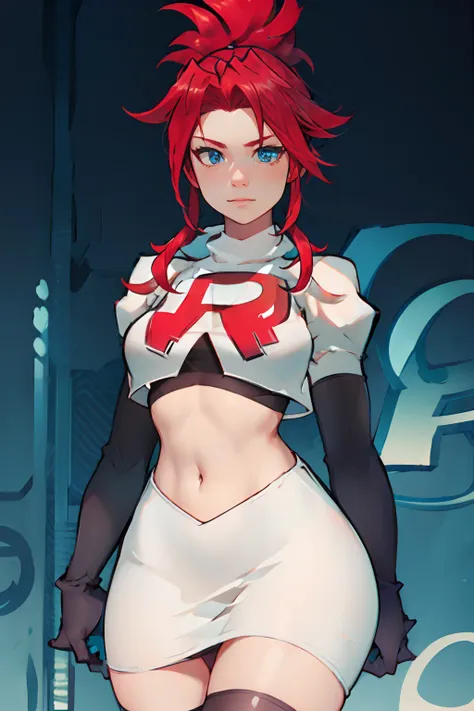 korsica,team rocket,team rocket uniform, red letter r, white skirt,white crop top,black thigh-highs,black elbow gloves