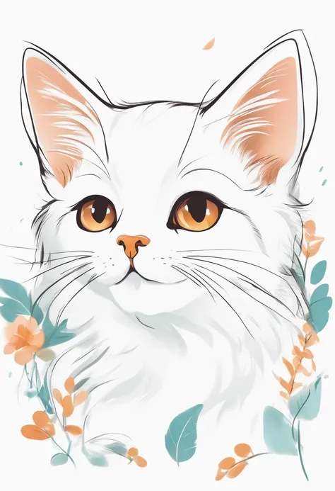 A cute cat， simple strokes， lines， 8k，clear focus, simple picture books, picture bookillustrations, image black border color, planartexture cartoon style, white background, StudioGhibli,simple color matching