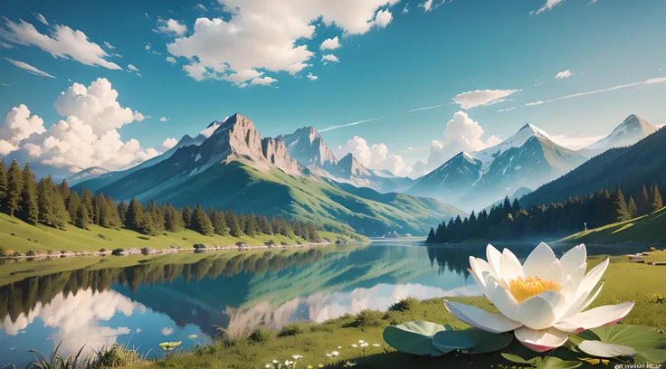 (best quality,4k,8k,highres,masterpiece:1.2),ultra-detailed,(realistic,photorealistic,photo-realistic:1.37),In the foreground is a lake, there is a [white] water lily and lotus leaf in the lake, green mountains, blue sky and white clouds, jeepley style, tw...