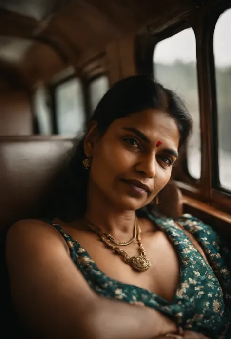 Indian woman sleeping next to an elderly man on a sleeper bus, with a focus on her deep neckline, wearing a comfortable shirt and loungewear. (best quality,highres),ultra-detailed,realistic:1.37, HDR, vivid colors, studio lighting.