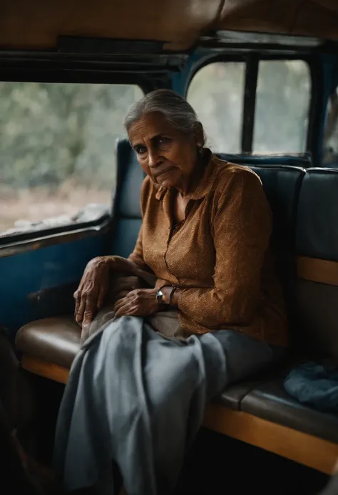 Indian woman sleeping next to an elderly man on a sleeper bus, with a focus on her deep neckline, wearing a comfortable shirt and loungewear. (best quality,highres),ultra-detailed,realistic:1.37, HDR, vivid colors, studio lighting.