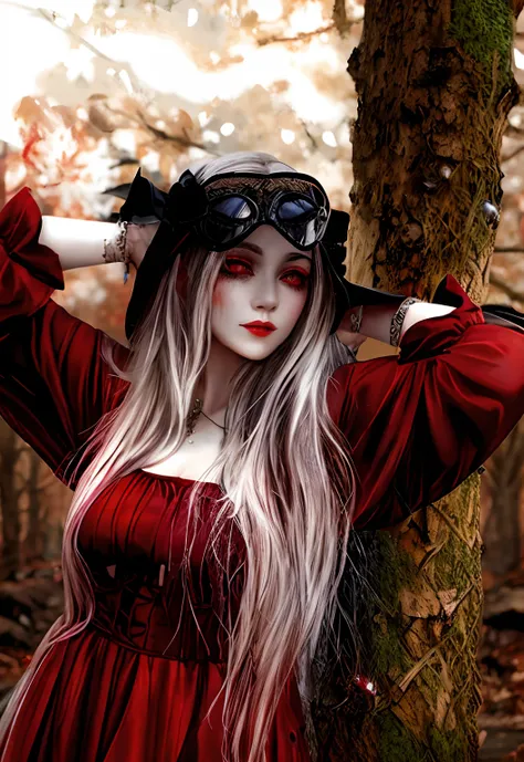 arafed blood dripping from eyes 👀 woman in a white dress posing next to a tree, horrifying  witch with long hair, white skin, blood dripping from eyes, scars, horns, evil 👿 wearing dark victorian goggles, wearing victorian dark goggles, as a medieval fanta...