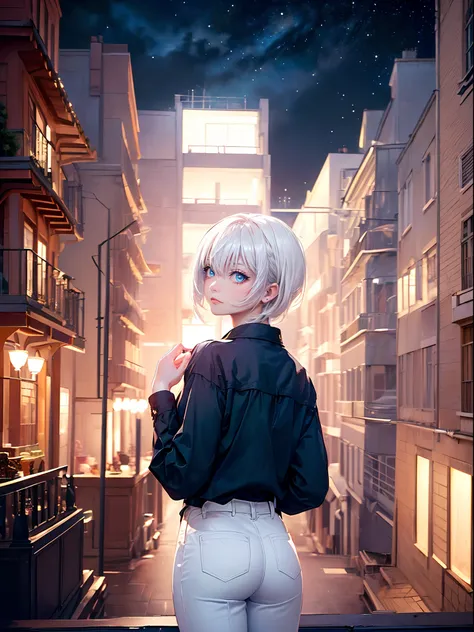 ((4K works))、​masterpiece、(top-quality)、One Beautiful Girl、Slim body、tall、((Black Y-shirt and white pants、Charming street style))、(Detailed beautiful eyes)、Stylish English black balcony、Castle inhabited by villains、Black shop window、Balcony at night、((Star...