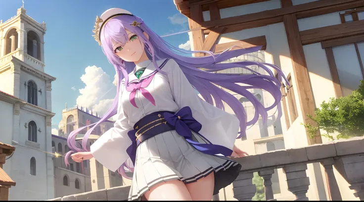 Athena with plain long light purple hair,hair between eyes,green eyes,rosy cheeks,full lips,thin eyebrows,slender body,wearing school uniform and full long skirt,praying beads on neck,cute anime girl,full body,medieval balcony in background,anime style,Lum...