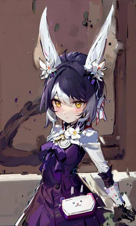 a close up of a person in a purple dress with a cat ear, white fox ears, female furry mini cute style, girl with fox ears, fox e...