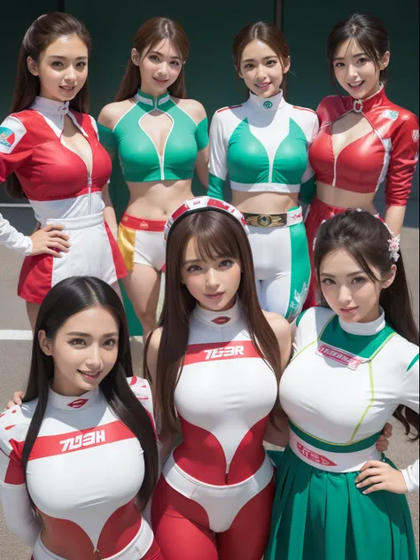 Outrageous resolution、hight resolution、(​masterpiece:1.4)、ultra-detailliert、Crisp details、Dramatic and photorealistic pictorial art、Super Sentai Series、All women、All in Race Queen costume（red、white colors、pink there、cyan colors、in green、Fivesome）Righteous ...