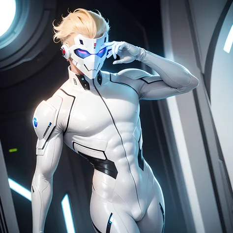 (futuristic, sci fi)Male in all white body suit, blonde hair, white gloves, full body suit, hands visible, hair visible, pale skin, beautiful face, masterpiece, white futuristic mask covering mouth, eyes visible, evil intent,