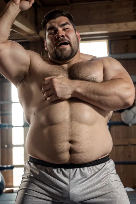 chubby muscular fluffy polar bear with a gray beard huge eyebrows and huge fangs and huge upperbody wearing wrestling trunks while sweaty and tired and exhausted