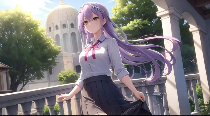 Athena with plain long light purple hair,hair between eyes,green eyes,rosy cheeks,full lips,thin eyebrows,slender body,wearing school uniform and full long skirt,praying beads on neck,cute anime girl,full body,medieval balcony in background,anime style,Lum...