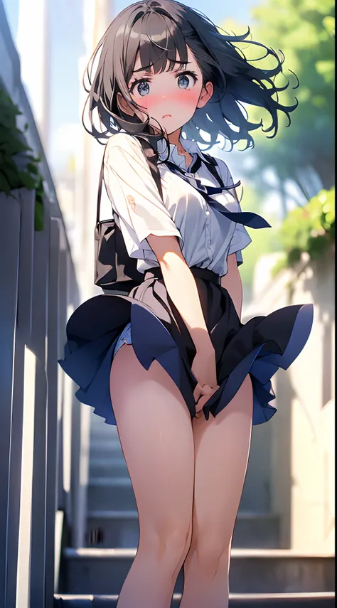 1womanl,Black hair,Blue Ribbon ,((Surprised look)),Beautiful breasts,White shirt,Blue Dress,well-styled,,(Facing the front)(((Blushing cheeks、embarassed expression)),(((The skirt is rolled up by the wind)))