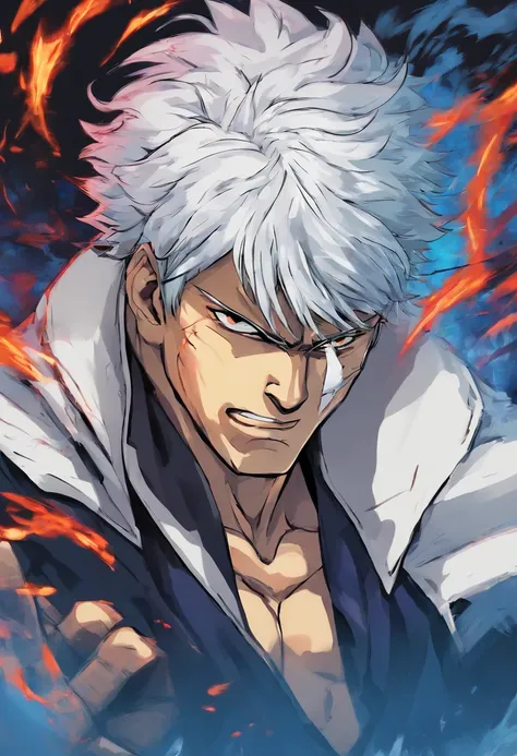 A closeup of a person with white hair and a blue jacket, Gintama, Gintama Gintoki, a silver-haired madman, 8K!, he has gray hair