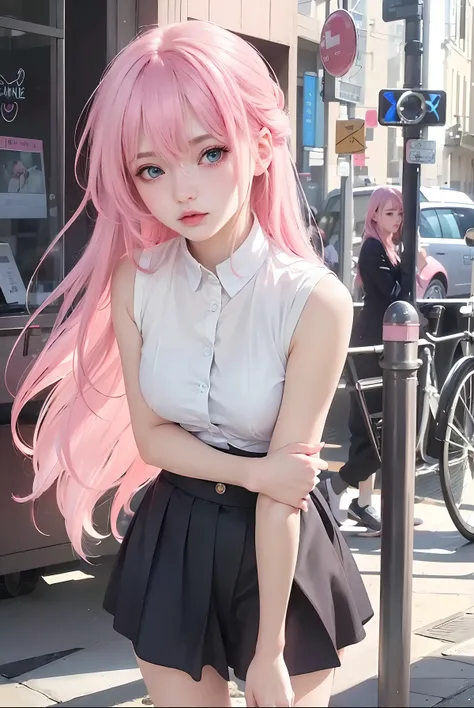 best quality, ultra high res, (photorealistic:1.4), 8k resolution, girl, (pink  hair:1.3) , realistic blue eyes, (realistic hair:1.2), (Korean girl:1.2), (realistic eyes:1.2), (beauty face:1.3), perfect body, white pale skin, small breast, cleavage, , (eye...