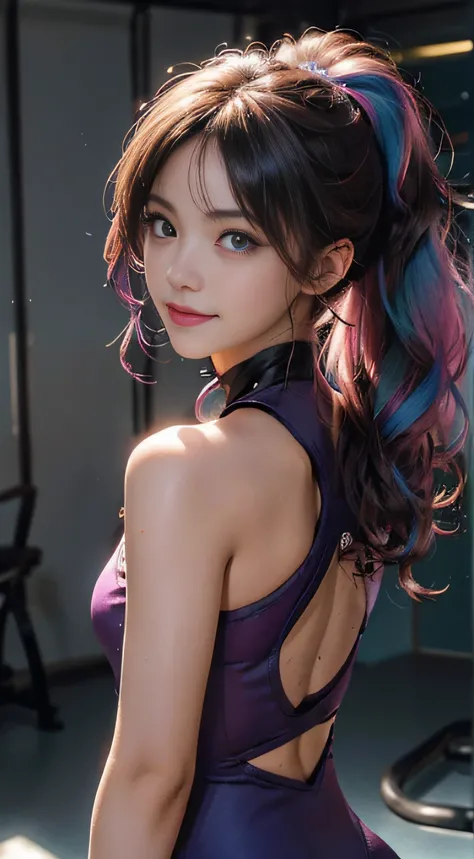 ((16 years old,)), ((Very small head)), Daylight, Sunlight, Bright light, (Perfect body : 1.1), (full bodyesbian), (Short wavy hair:1.2, Dark brown hair, Pink and blue mesh hair, Thin net), Full body shot, ((tight gymsuit), (Sweat), (Very detailed CG 8k wa...