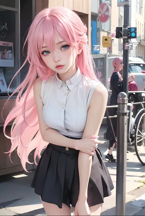 best quality, ultra high res, (photorealistic:1.4), 8k resolution, girl, (pink  hair:1.3) , realistic blue eyes, (realistic hair:1.2), (Korean girl:1.2), (realistic eyes:1.2), (beauty face:1.3), perfect body, white pale skin, small breast, cleavage, , (eye...