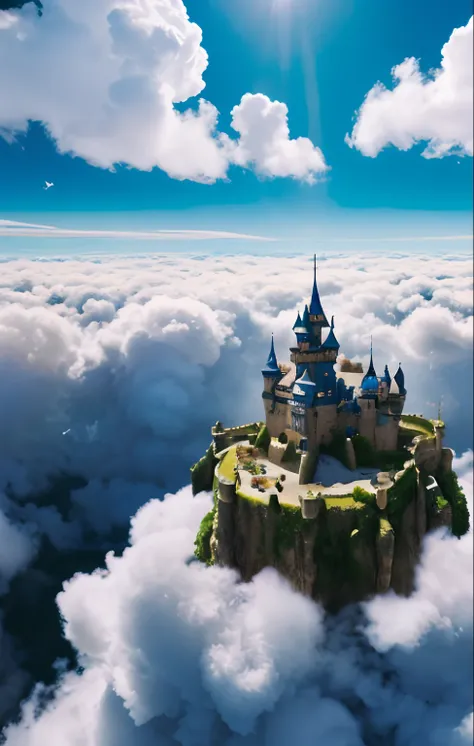 ((A vast world above the clouds:1.2)), (((Fantasy castle on the sky))), (A large and magnificent castle in the center), The castle town spreads around the castle, castle with gold statues of birds. the castle should be white and blue coloured. During dayti...