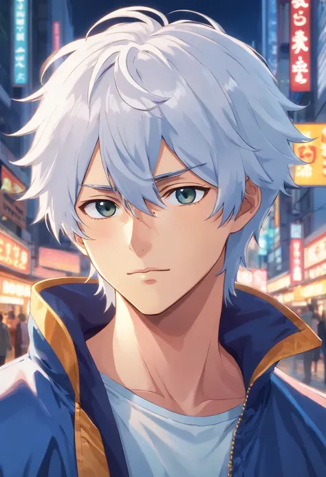 A closeup of a person with white hair and a blue jacket, Gintama, Gintama Gintoki, a silver-haired madman, 8K!, he has gray hair