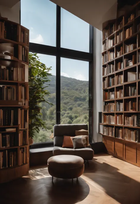 Espacio elegante，brillante，Gimnasio minimalista，There are bookshelves，Hay equipos de gimnasia，River view from the window