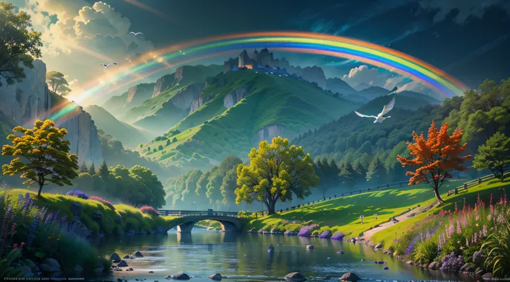 (best quality,4k,8k,highres,masterpiece:1.2),ultra-detailed,(realistic,photorealistic,photo-realistic:1.37),（（Rainbow after rain）），Skysky, blue colors, baiyun, after rainny, rays of sunshine, refractions, Seven colors, Red, Orange, Yellow, Green, Blue, Vio...