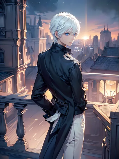 ((4K works))、​masterpiece、(top-quality)、One Beautiful Boy、Slim body、tall、((Black Y-shirt and white pants、Charming street style))、(Detailed beautiful eyes)、Stylish English black balcony、Castle inhabited by villains、Black shop window、Balcony at night、((Starr...