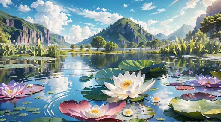 (best quality,4k,8k,highres,masterpiece:1.2),ultra-detailed,(realistic,photorealistic,photo-realistic:1.37),In the foreground is a lake, there is a [white] water lily and lotus leaf in the lake, green mountains, blue sky and white clouds, jeepley style, tw...