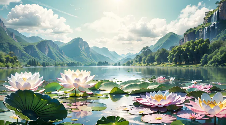 (best quality,4k,8k,highres,masterpiece:1.2),ultra-detailed,(realistic,photorealistic,photo-realistic:1.37),In the foreground is a lake, there is a [white] water lily and lotus leaf in the lake, green mountains, blue sky and white clouds, jeepley style, tw...