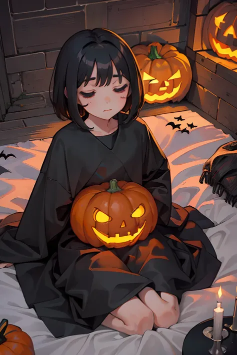 Sleepy look，(child:1.2)，（​masterpiece，Highest Quality），A dark-haired，Medium bob，witch outfit，Halloween，Jack-o-lantern，pumpkins，skull，ghosting，embarrassed from，be shy，burial site