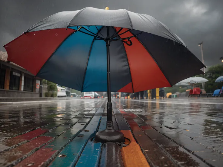 Umbrella Dreams: A close-up of a colorful umbrella protecting against the rain, creating a vibrant contrast with the gray sky.