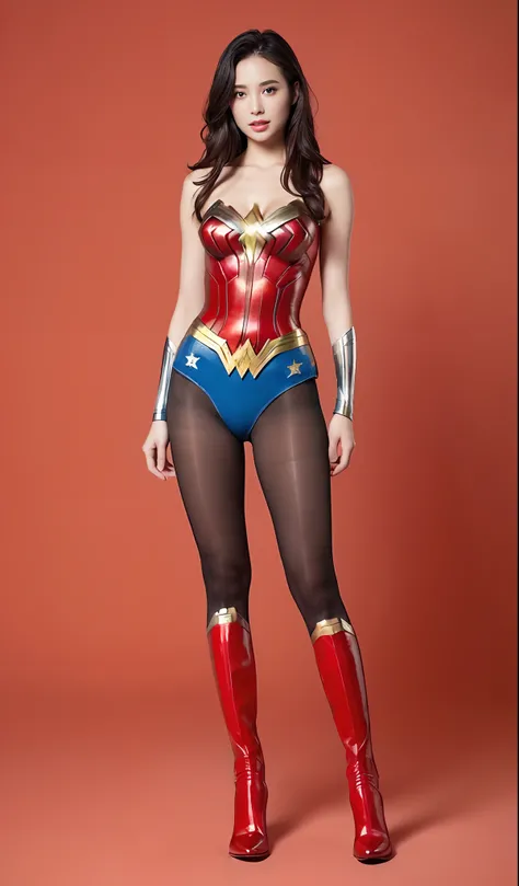 (((Wear black tights on your beautiful legs.)))、(((Grow legs、tall、beauty legs)))、(((facial expression of smile)))、((((Make the most of the original image)))、(((Wonder Woman Costume)))、(((beautiful hairl)))、(((Suffering)))、(((Feet must necessarily be worn w...