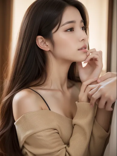 top-quality、超A high resolution、ultra-realistic realism、reallistic、RAW photography、8K images、Young sexy Japanese woman、Wearing an off-the-shoulder black skinny dress、strap slip。Brown long hair、Young handsome man caressing woman kissing the nape of her neck ...